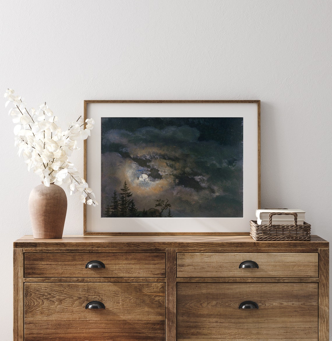 Moon Behind Dramatic Clouds Night Pine Forest Vintage Art Print - Image 3