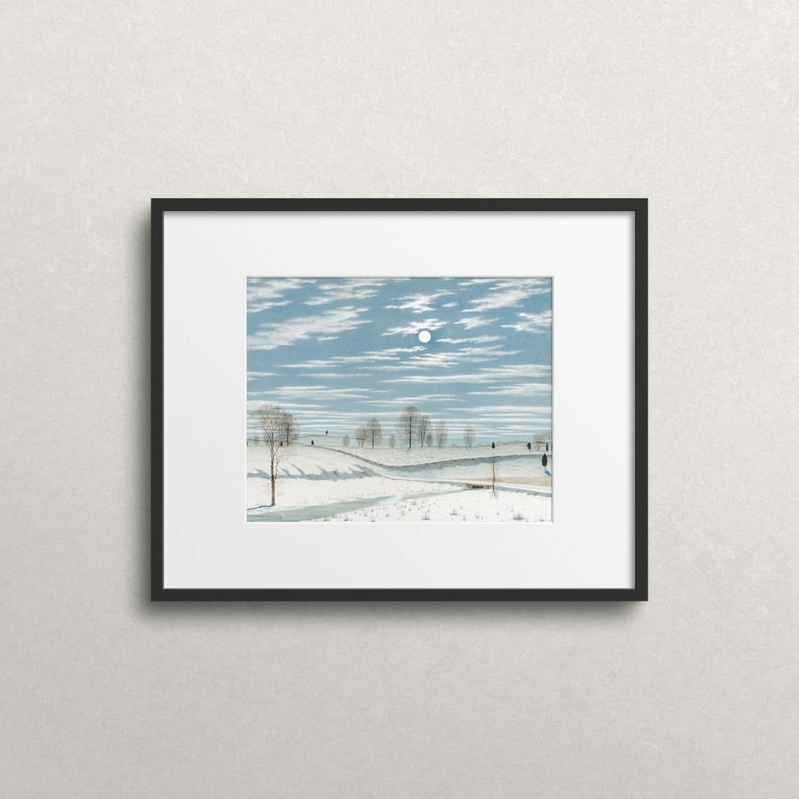 Blue Winter Moon Sky Snowy Hills Bare Trees Vintage Landscape Poster - Image 2