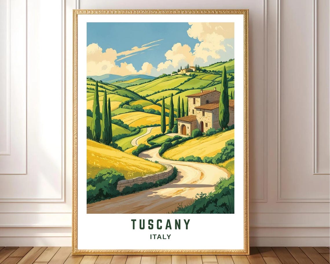 Tuscany Italy Rolling Hills Cypress Trees And Stone Villa Road Poster