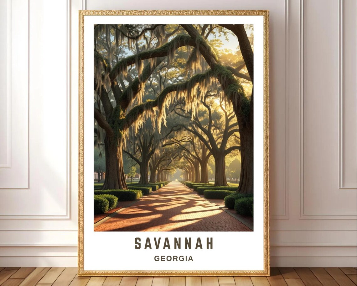 Savannah Georgia Spanish Moss Oak Avenue Golden Hour Scene Poster