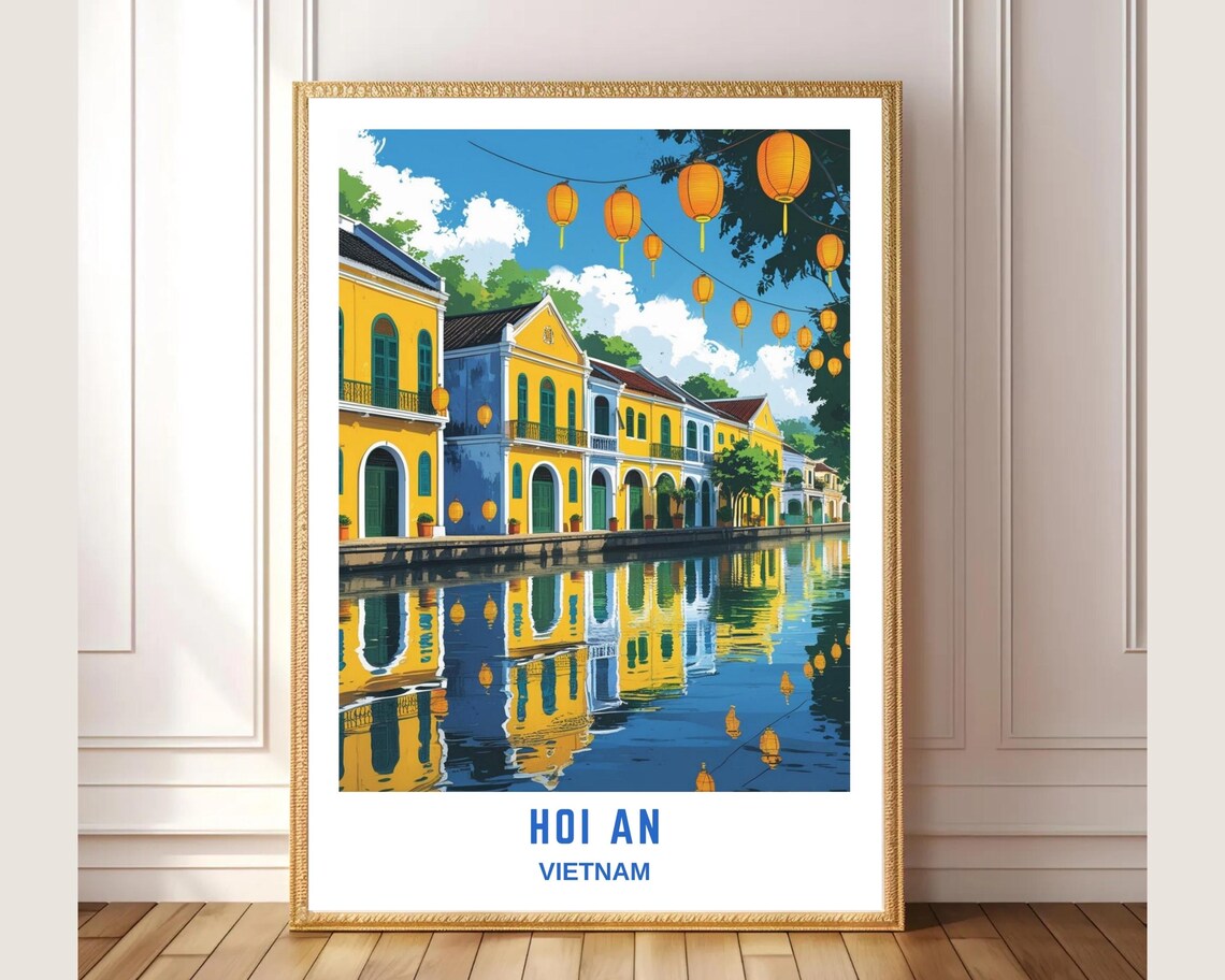 Hoi An Vietnam Travel Poster Yellow Shophouses Lanterns River Art