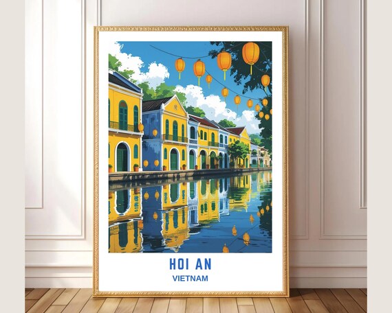 Hoi An Vietnam Travel Poster Yellow Shophouses Lanterns River Art