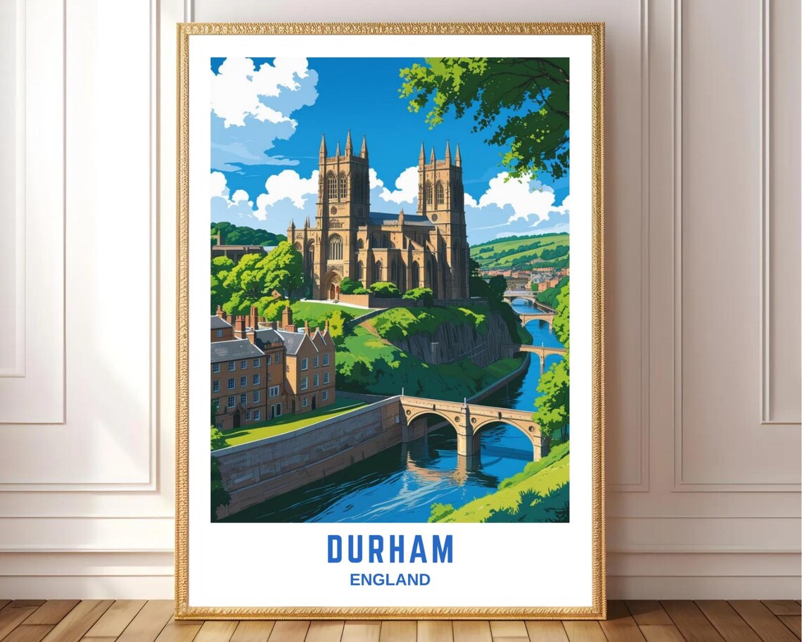 Durham England Cathedral River Bridges Historic City Travel Poster