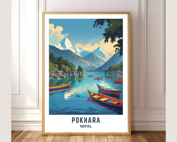 Pokhara Nepal Travel Poster Vintage Mountain Wall Art Himalayan Landscape Print Lake Boats Illustration