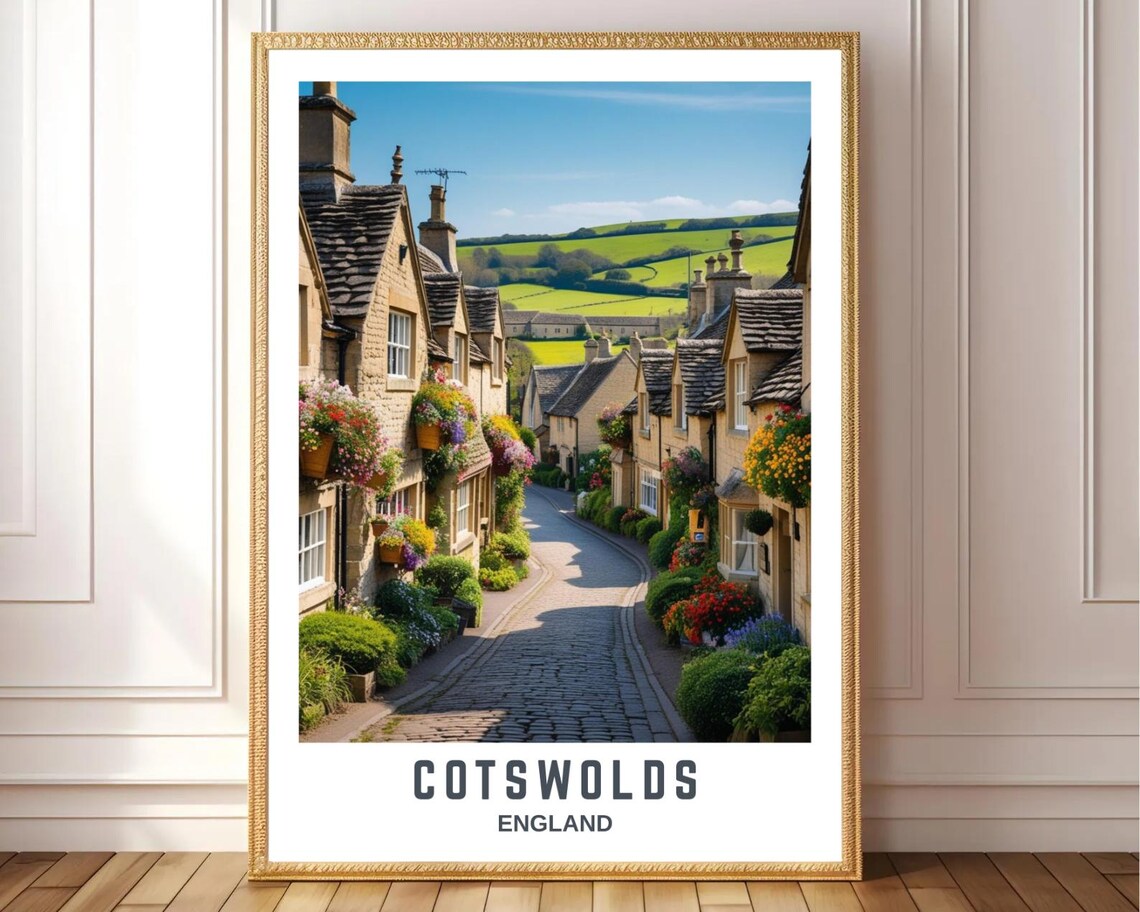 Cotswolds England Cobbled Street Flower Cottages Village Travel Poster