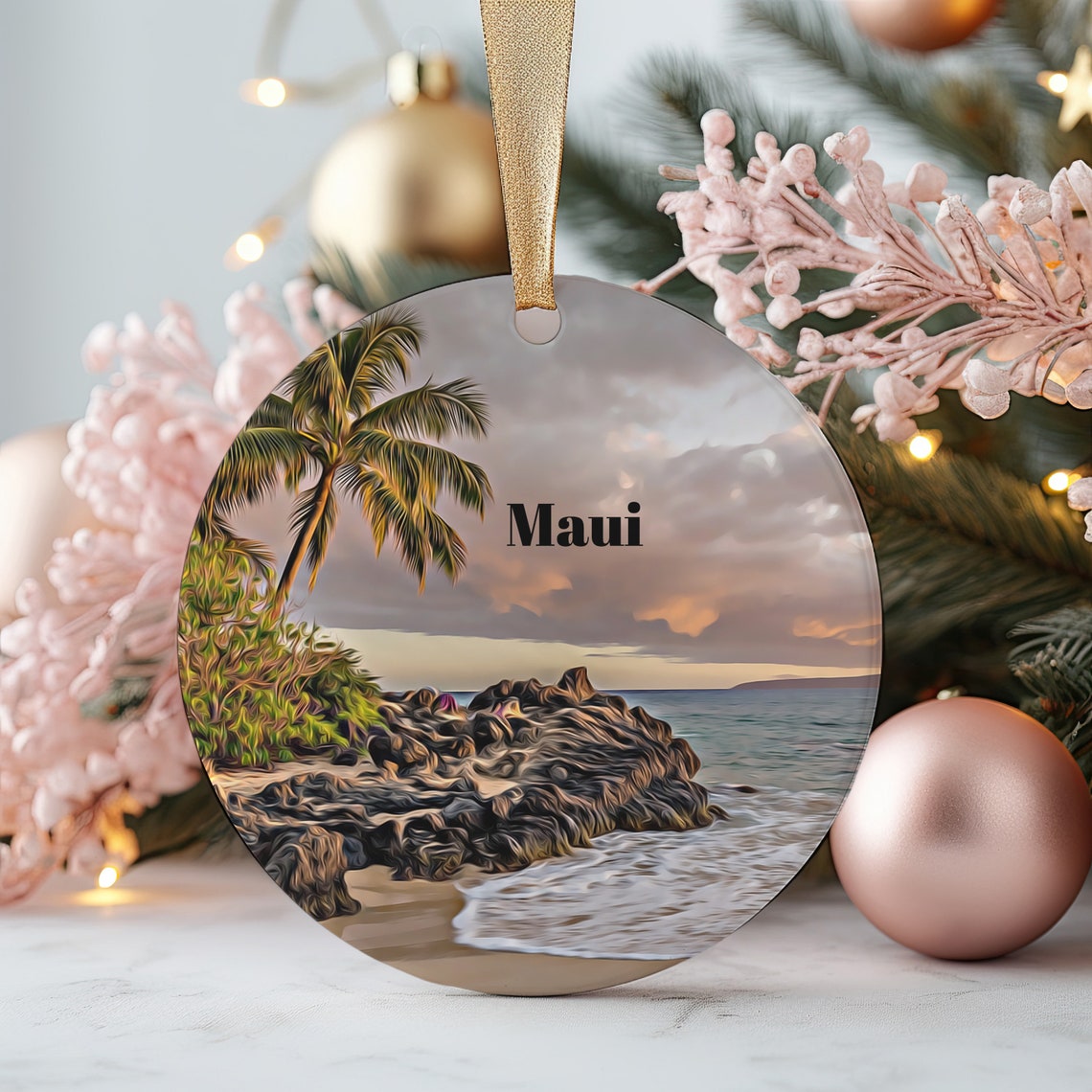 Maui Hawaii Palm Trees Rocky Beach Sunset Tropical Ocean Poster