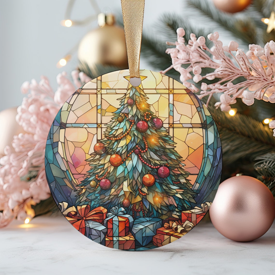 Stained Glass Christmas Tree with Gifts Round Ornament Art Print