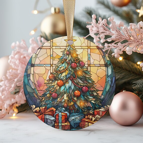 Stained Glass Christmas Tree with Gifts Round Ornament Art Print