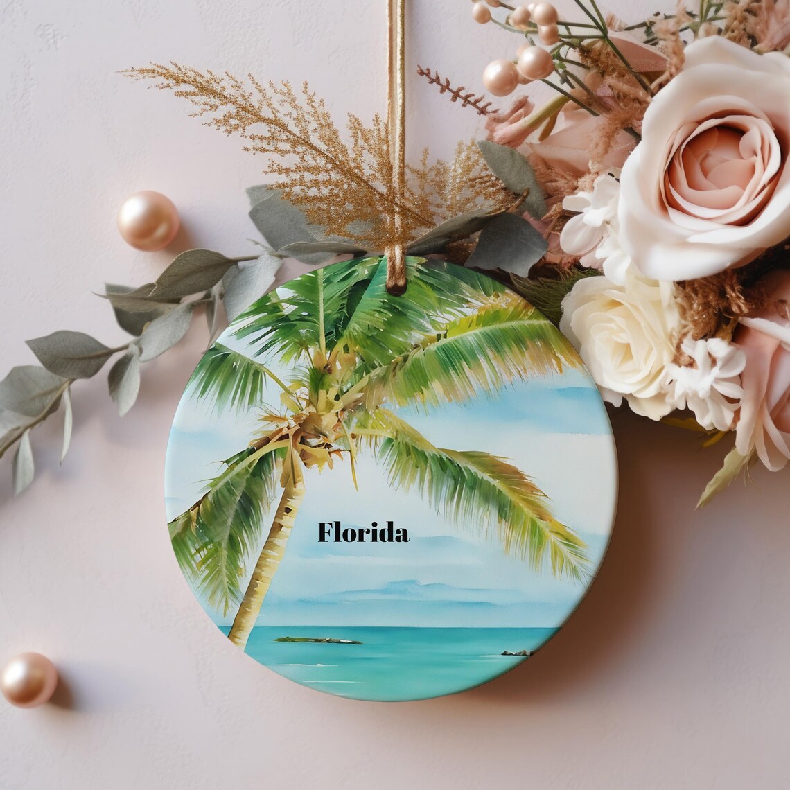 Florida Palm Tree Watercolor Beach Round Ornament Travel Souvenir Poster
