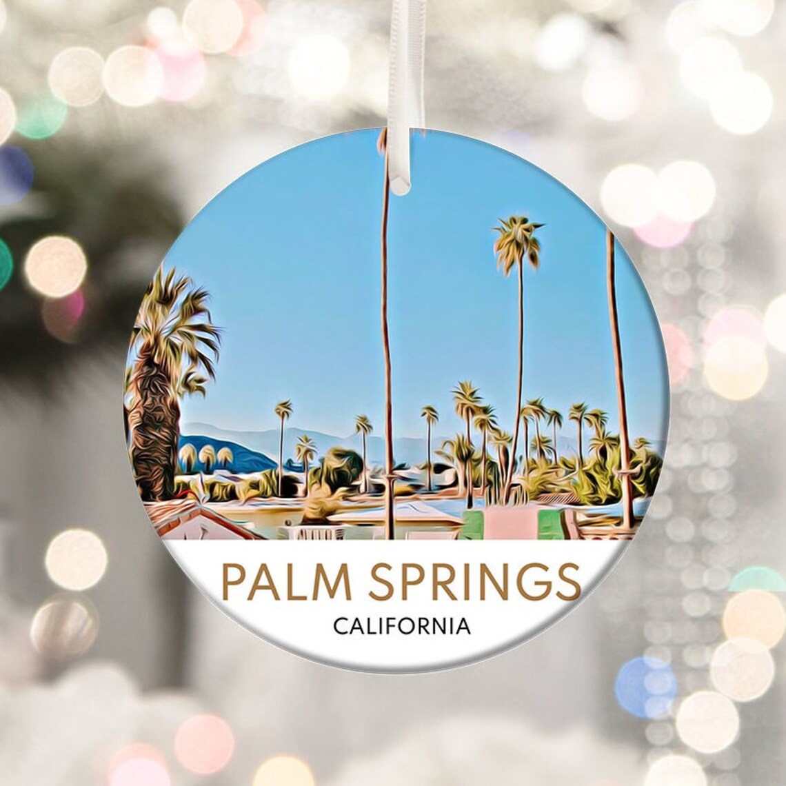 Palm Springs California Palm Trees Round Christmas Ornament Art Print