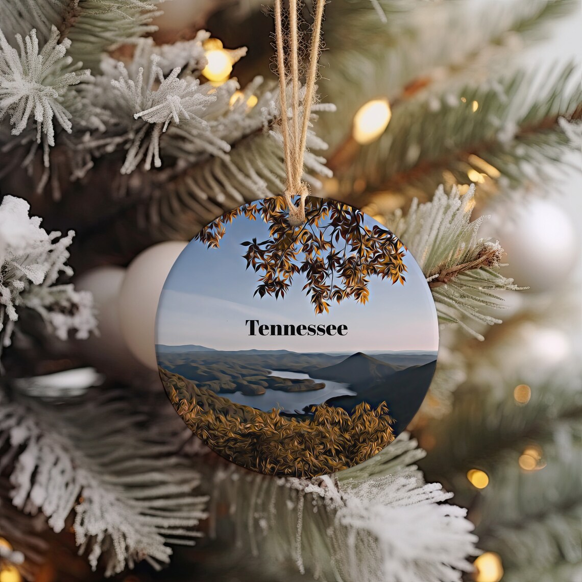 Tennessee Autumn Mountain Lake View Christmas Ornament Art Print