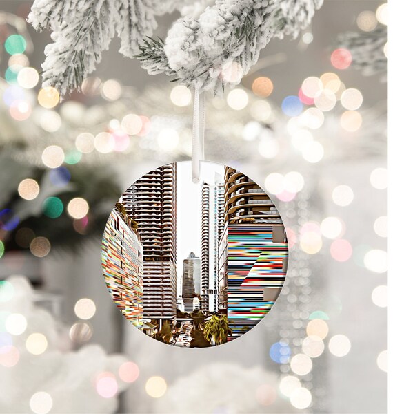 Brickell Miami Colorful Skyscraper Round Christmas Ornament Print