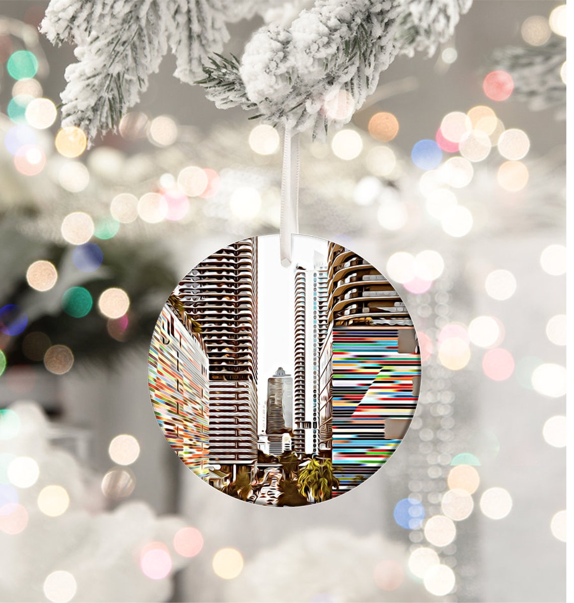 Brickell Miami Colorful Skyscraper Round Christmas Ornament Print