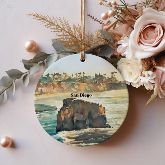 San Diego California Cliffs Watercolor Christmas Ornament Poster