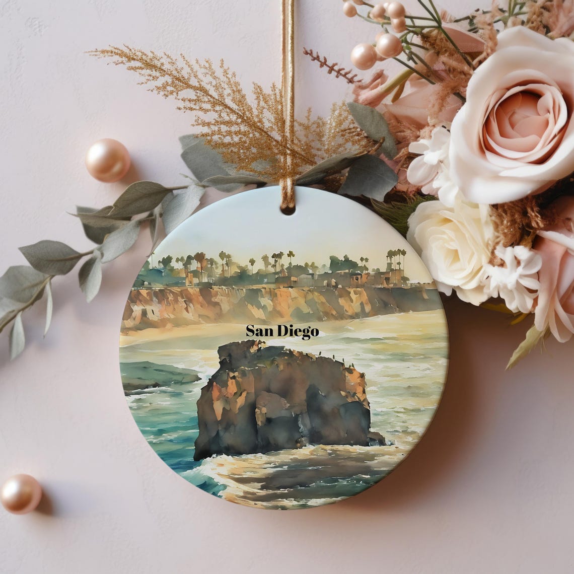 San Diego California Cliffs Watercolor Christmas Ornament Poster
