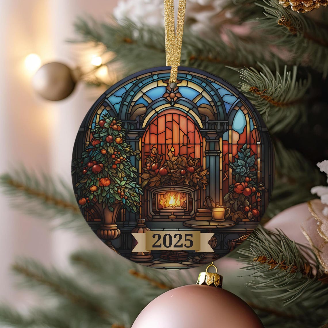 2025 Stained Glass Fireplace Christmas Tree Ornaments Window Print