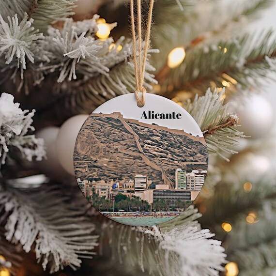 Alicante Spain Castle Hill Cityscape Seaside Round Ornament Print