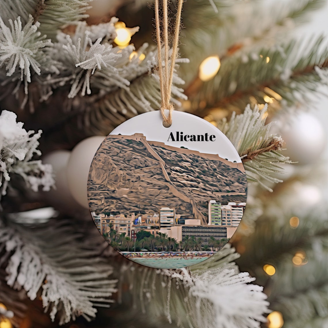 Alicante Spain Castle Hill Cityscape Seaside Round Ornament Print