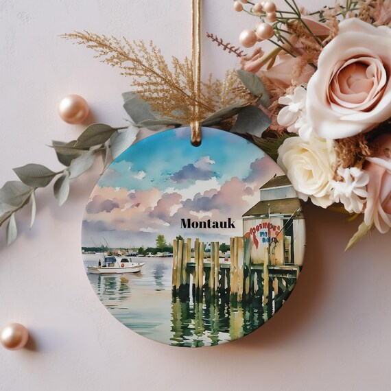 Montauk Harbor Fishing Boat Watercolor Travel Souvenir Ornament Wall Art