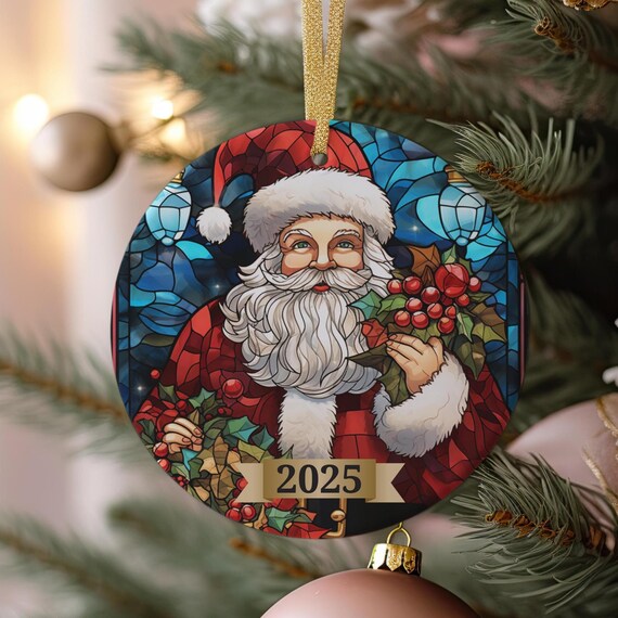 Stained Glass 2025 Santa Christmas Ornament Jolly Saint Nick Art Print