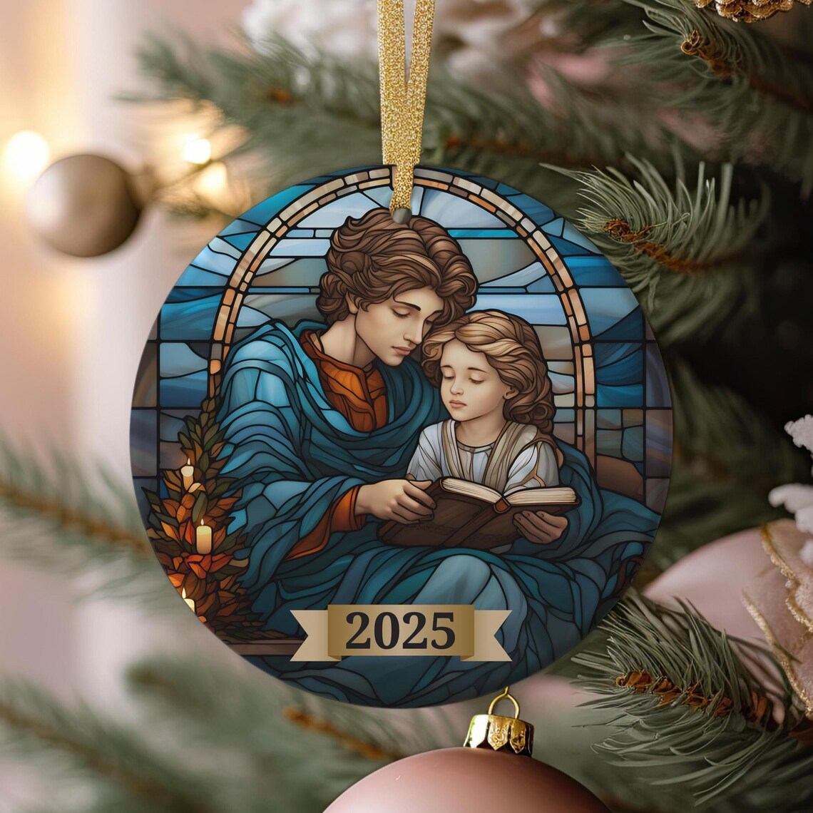 2025 Stained Glass Angel Reading Bedtime Story Christmas Keepsake Print