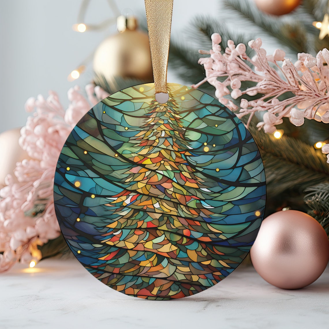 2025 Stained Glass Christmas Tree Gift Banner Holiday Keepsake Print