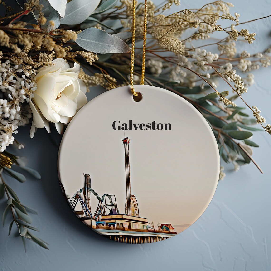 Galveston Pleasure Pier Roller Coaster Watercolor Ornament Travel Poster