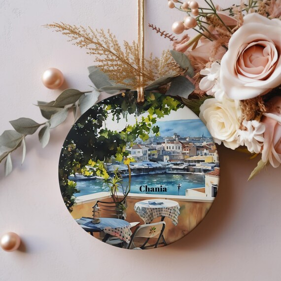 Chania Watercolor Harbor Scene Ceramic Christmas Ornament Print