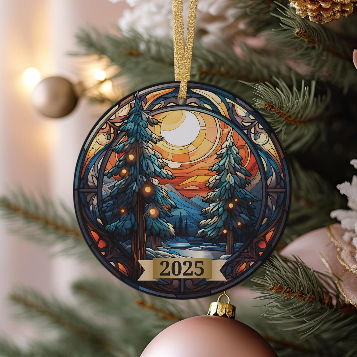 2025 Stained Glass Christmas Ornament Snowy Pines Under Moonlight Poster