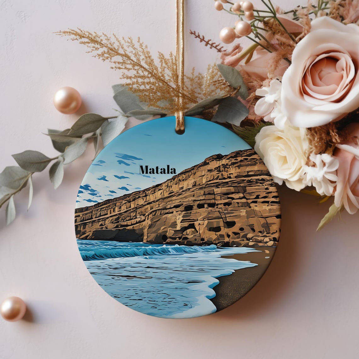 Matala Cave Cliffs Turquoise Sea Waves Christmas Ornament Poster