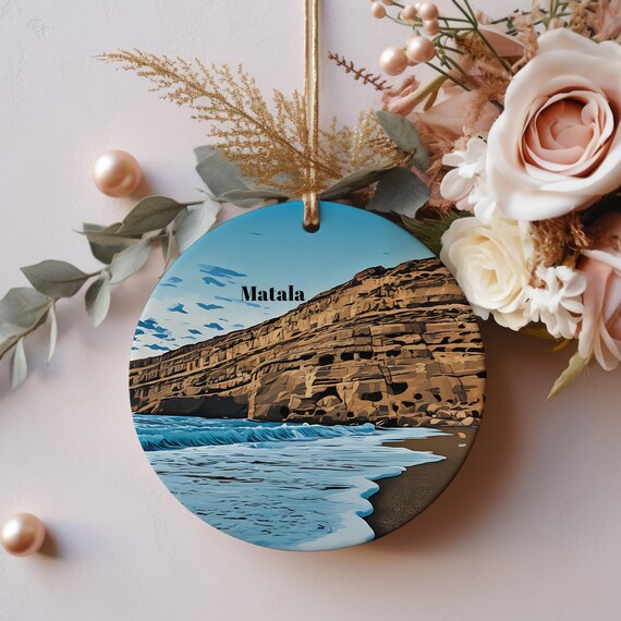 Matala Cave Cliffs Turquoise Sea Waves Christmas Ornament Poster