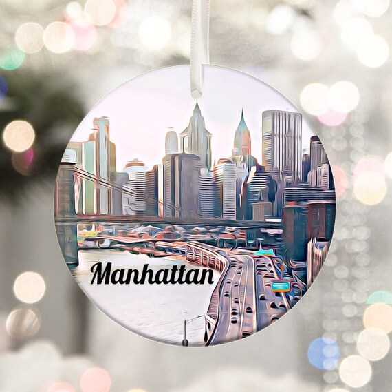 Manhattan New York Skyline Watercolor Christmas Ornament Keepsake Art Poster