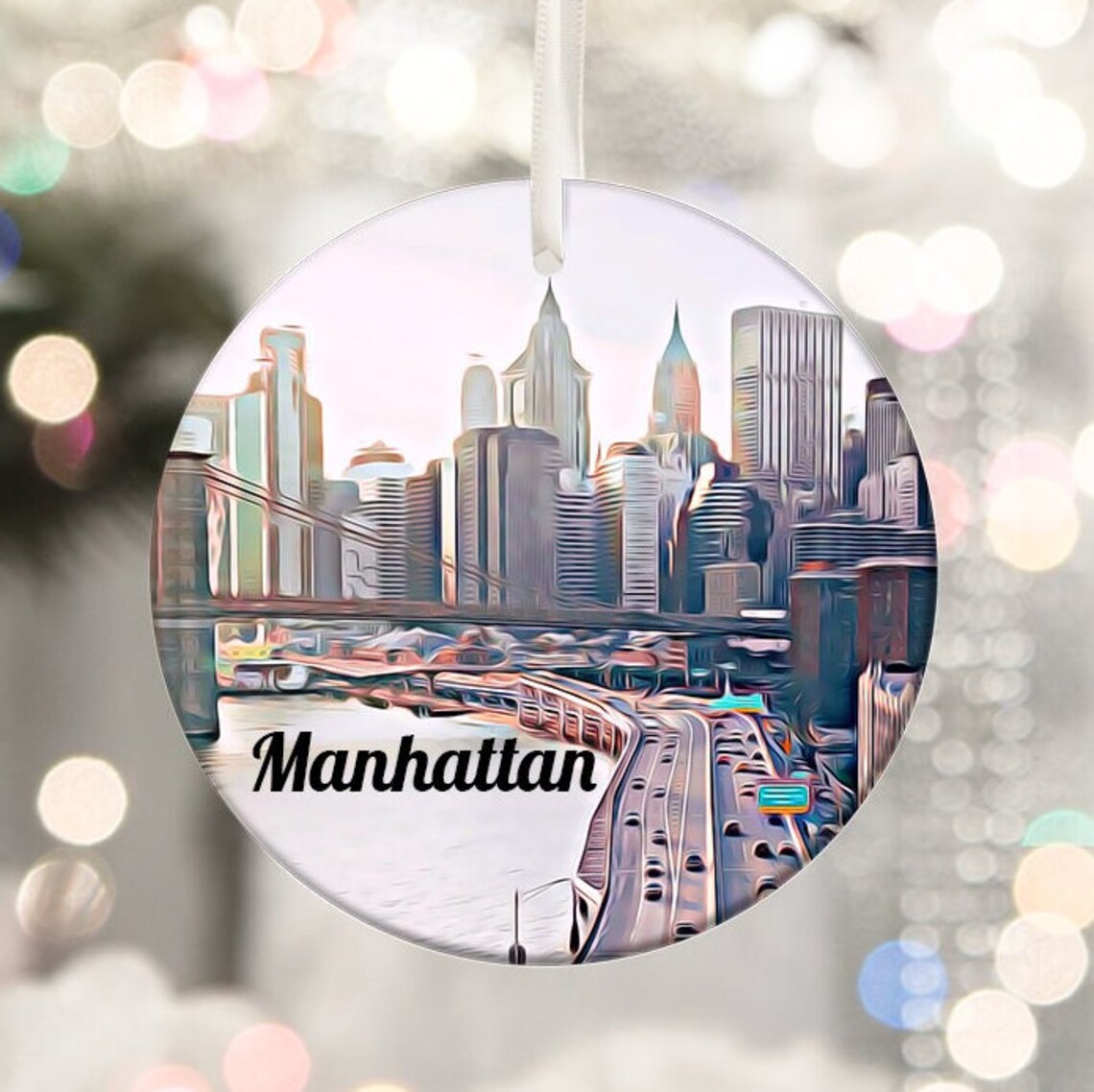 Manhattan New York Skyline Watercolor Christmas Ornament Keepsake Art Poster
