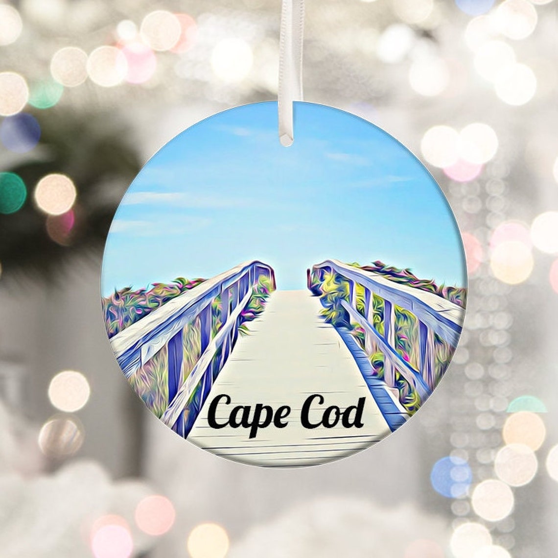 Cape Cod Boardwalk Over Dunes to Beach Round Ornament Poster