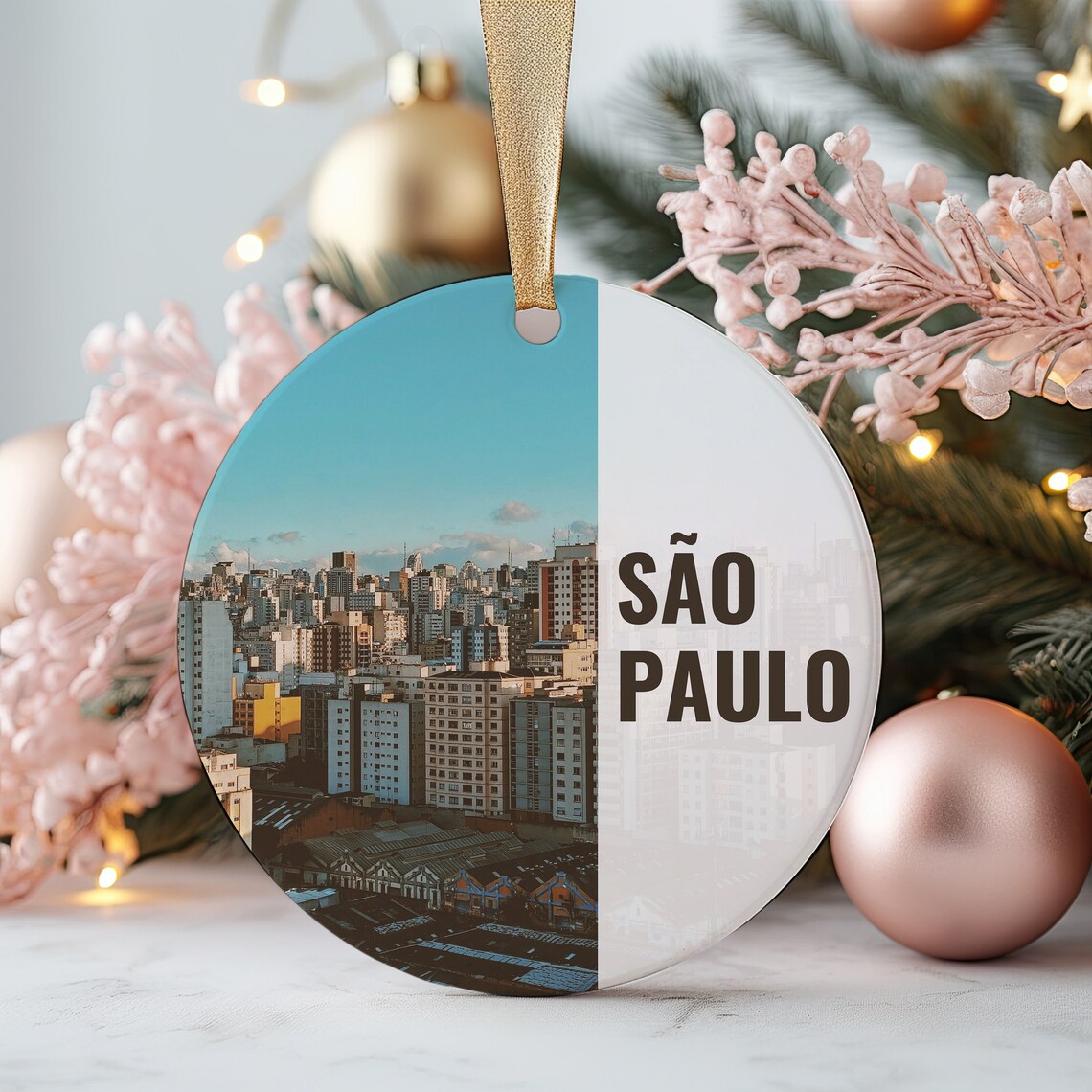 Sao Paulo City Skyline Round Ceramic Christmas Ornament Print