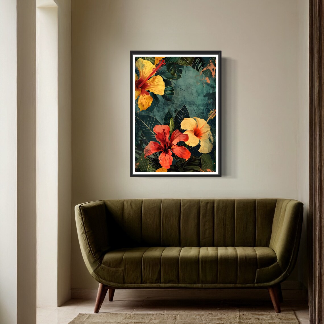 Tropical Hibiscus Flowers Vintage Dark Botanical Floral Art Print - Image 2