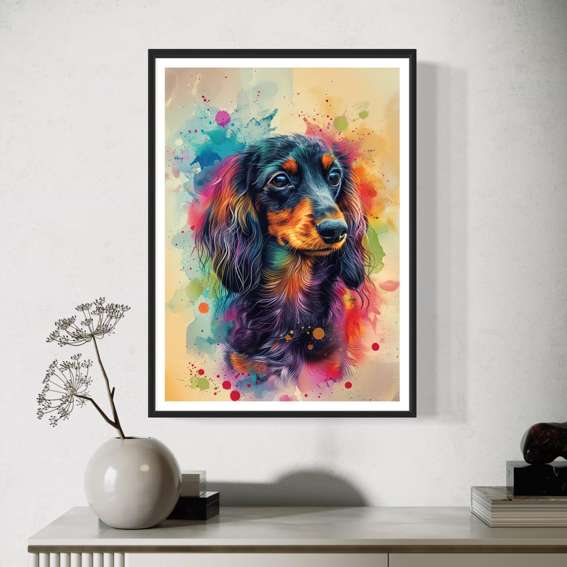 Colourful Black Long Haired Dachshund Art Print Sausage Dog Painting Miniature Doxie Pet Portrait Poster Dog Lover Gift For Home Doxie Art - Image 3