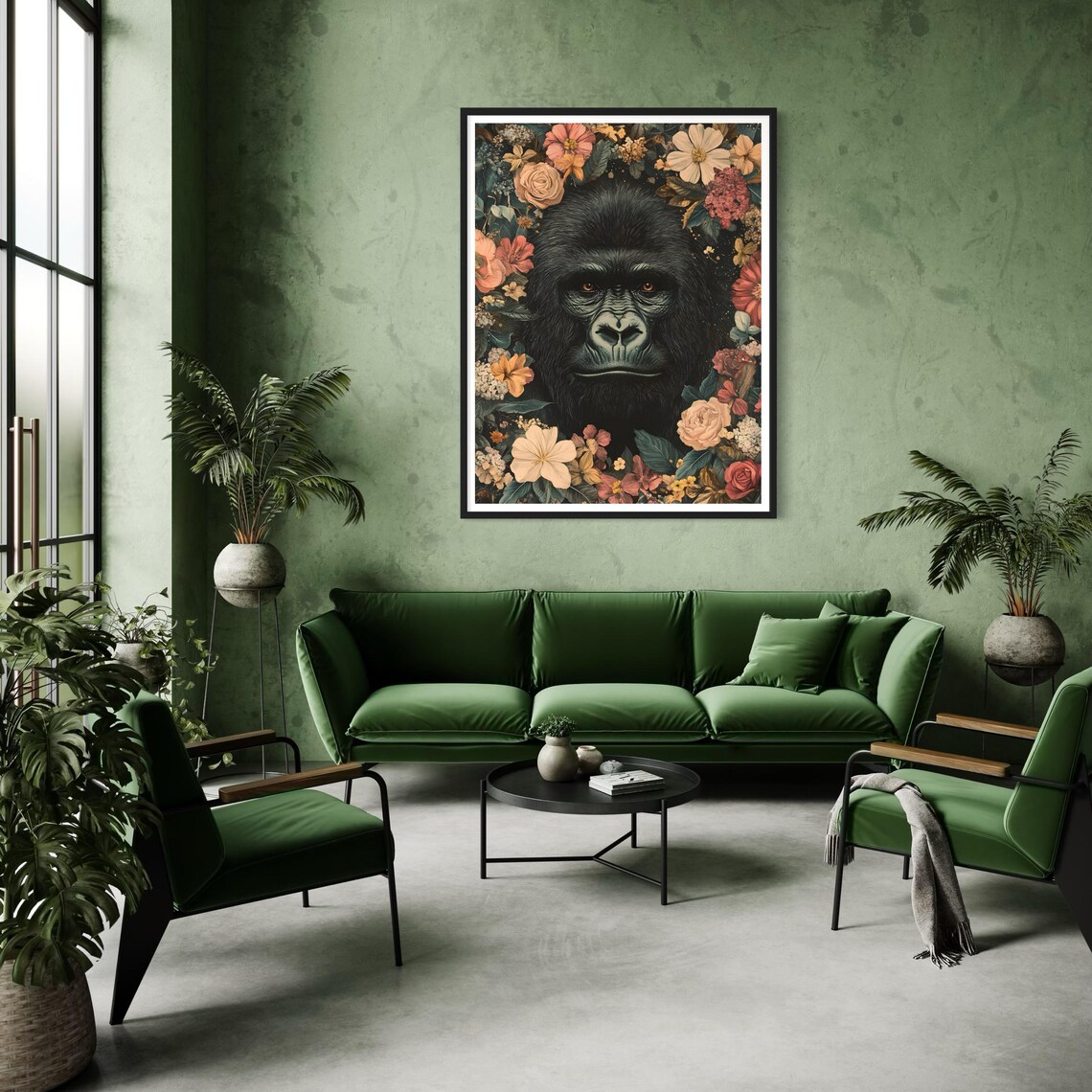 Gorilla Face Colorful Blooming Flower Jungle Wildlife Portrait Poster - Image 3