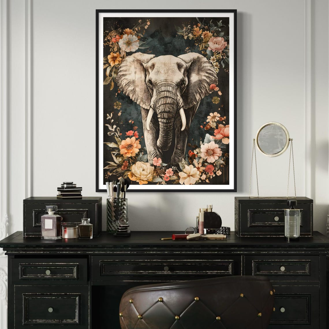 Elephant Wildflower Garden Dark Moody Vintage Wildlife Poster - Image 3