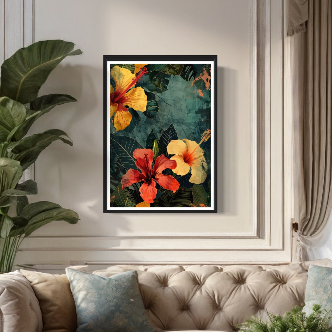 Tropical Hibiscus Flowers Vintage Dark Botanical Floral Art Print - Image 3
