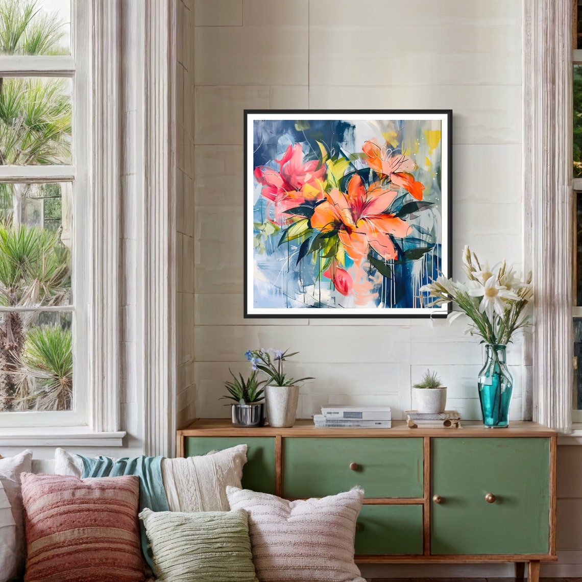 Pink Orange Lily Flowers Paint Drip Abstract Botanical Art Print - Image 2