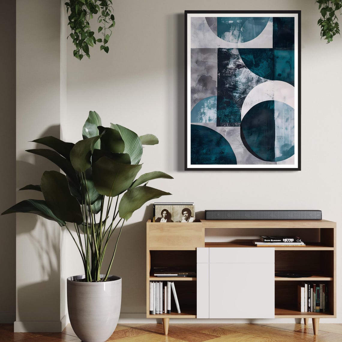 Teal Blue Geometric Circles Mid Century Modern Abstract Wall Art Print - Image 2