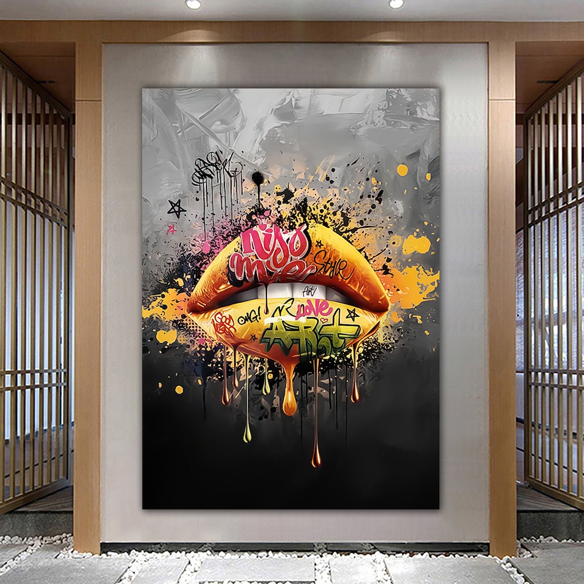 Graffiti Lips Pop Art Poster, Yellow Lip Painting