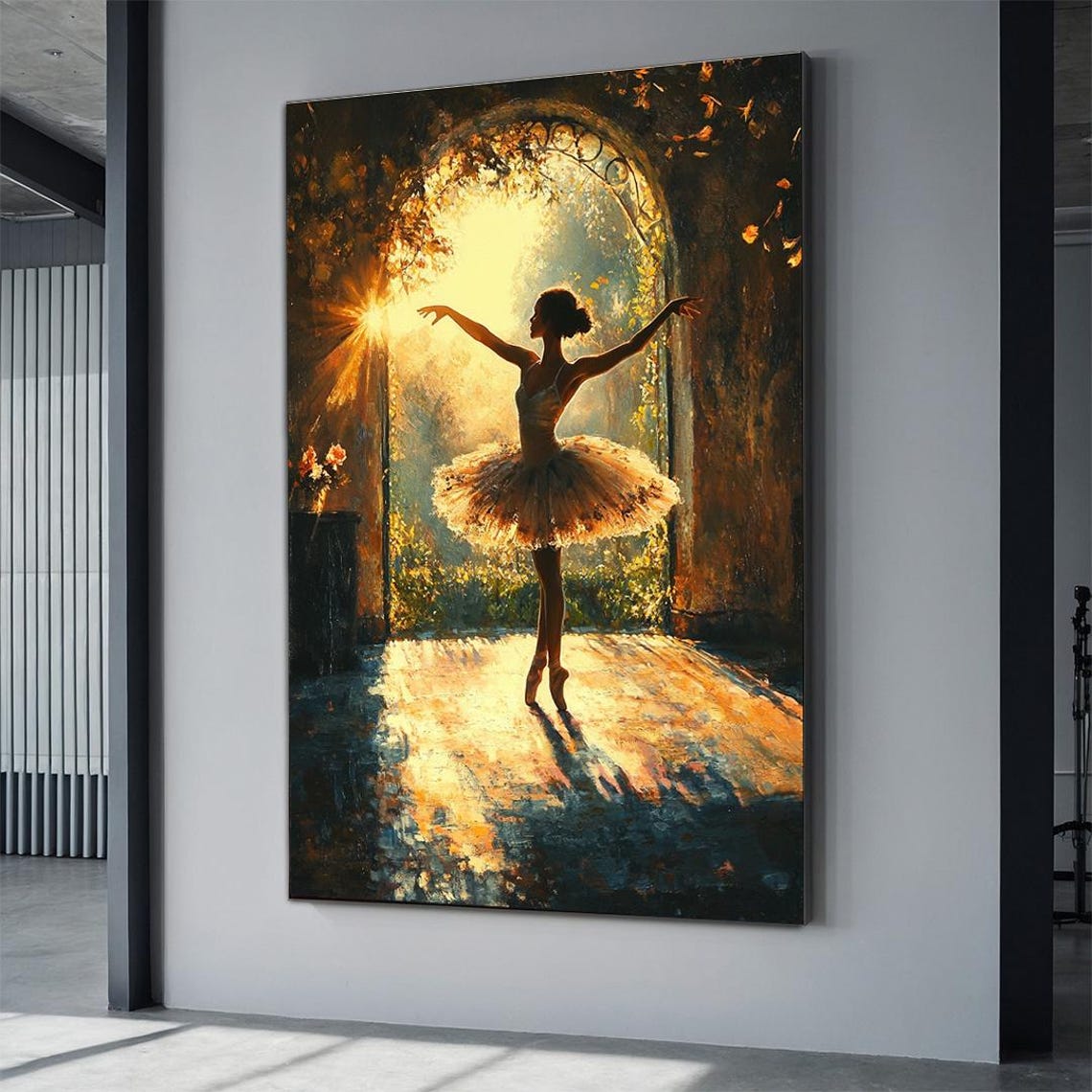 Ballerina Silhouette Sunlit Archway Evening Golden Dance Art Poster