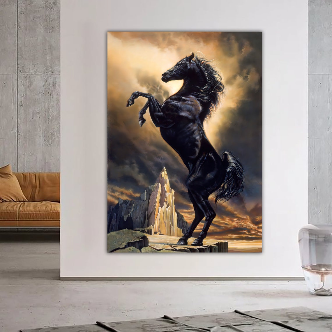 Black Stallion Rearing On Cliff Stormy Sunset Fantasy Art Poster