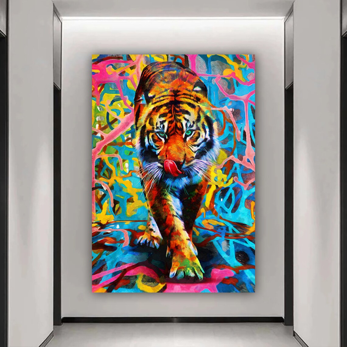 Colorful Pop Art Tiger Walking Vibrant Graffiti Style Jungle Animal Poster