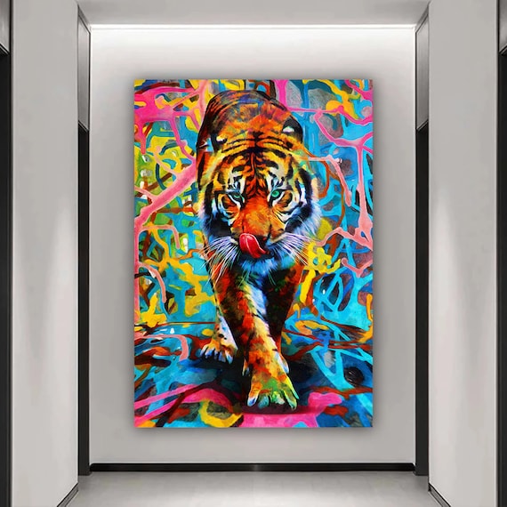 Colorful Pop Art Tiger Walking Vibrant Graffiti Style Jungle Animal Poster