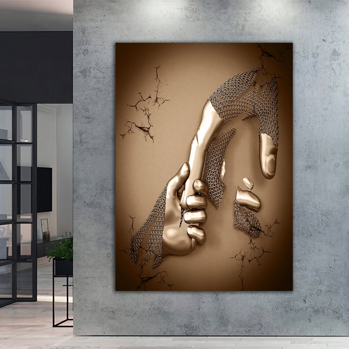 Hand Fist Chain Fist Painting, Bronze Glitter Print