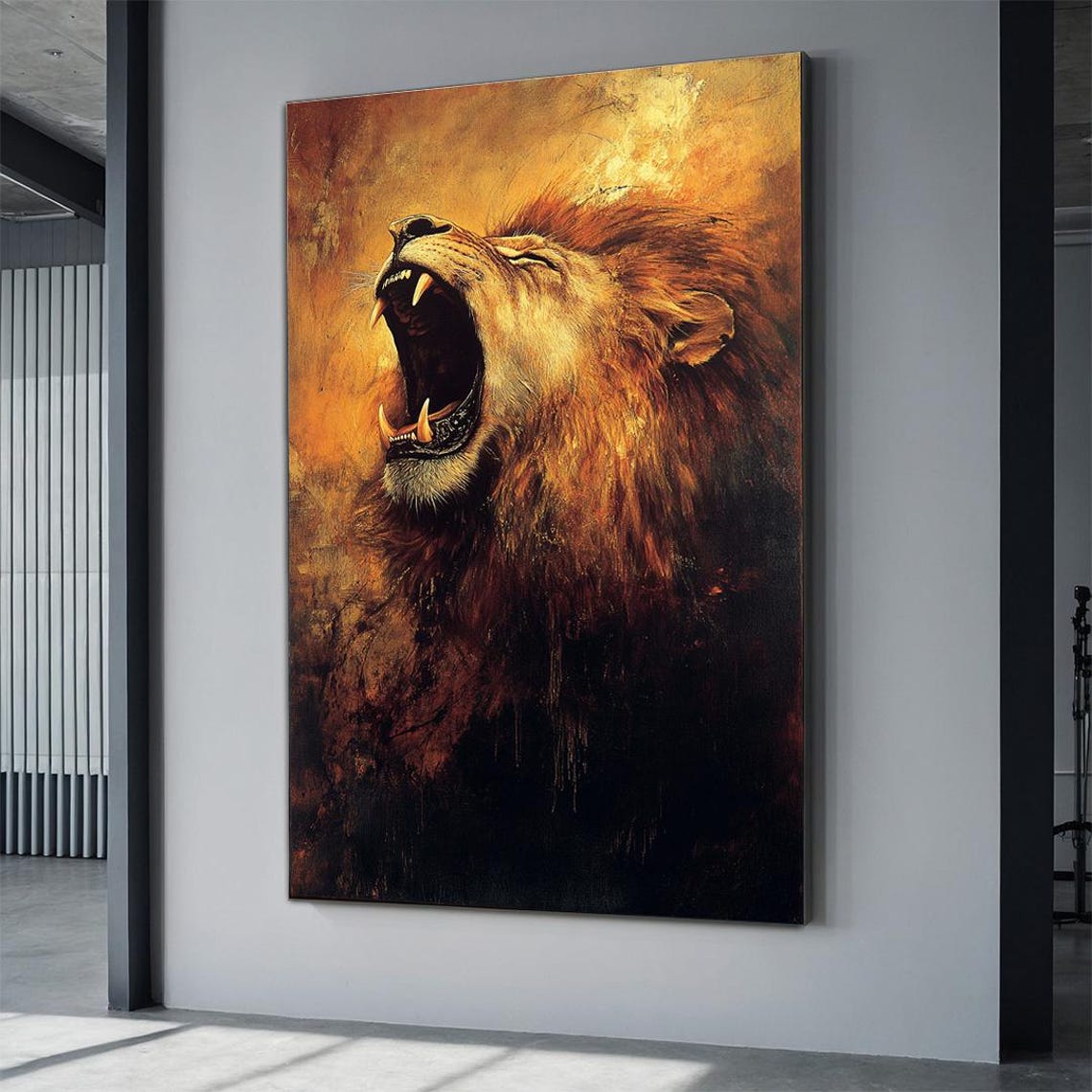 Roaring Lion Golden Mane Oil Painting Fierce Big Cat Art Poster