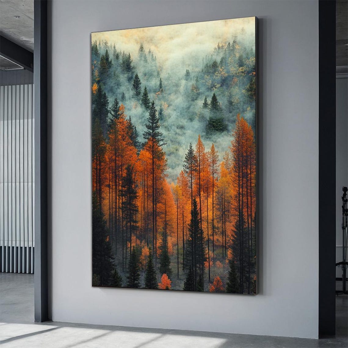 Misty Autumn Pine Forest Orange Fall Foliage Aerial Nature Poster